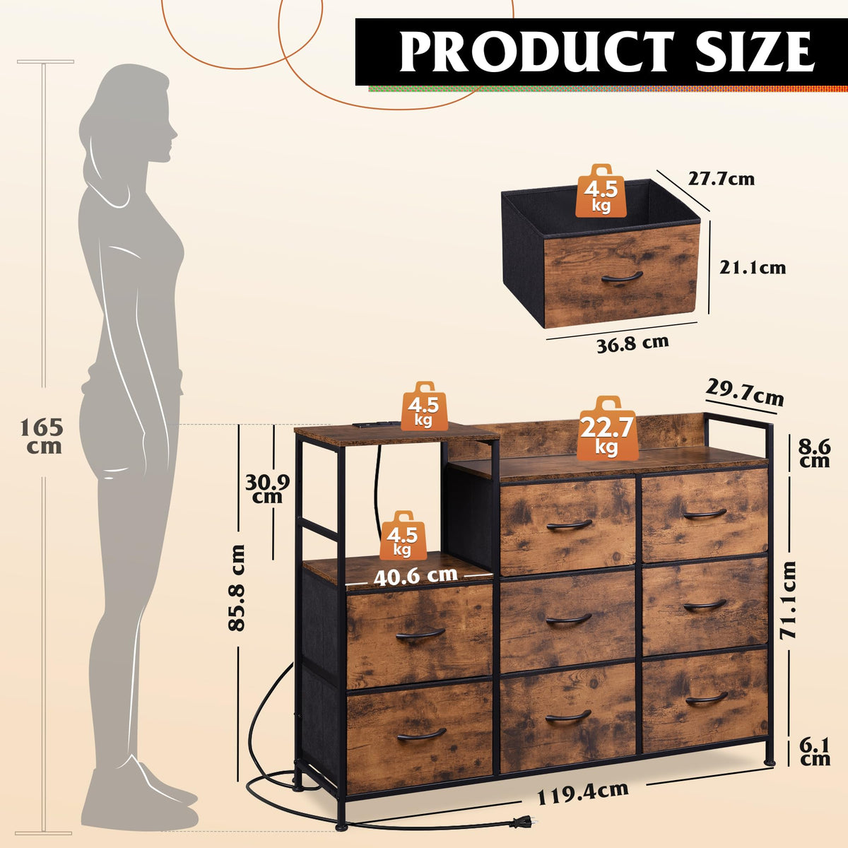 WLIVE Chest of Drawers with Charging Station, 8 Fabric Drawers, Brown