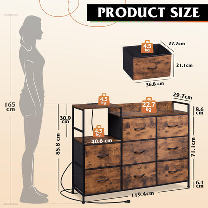 WLIVE Chest of Drawers with Charging Station, 8 Fabric Drawers, Brown