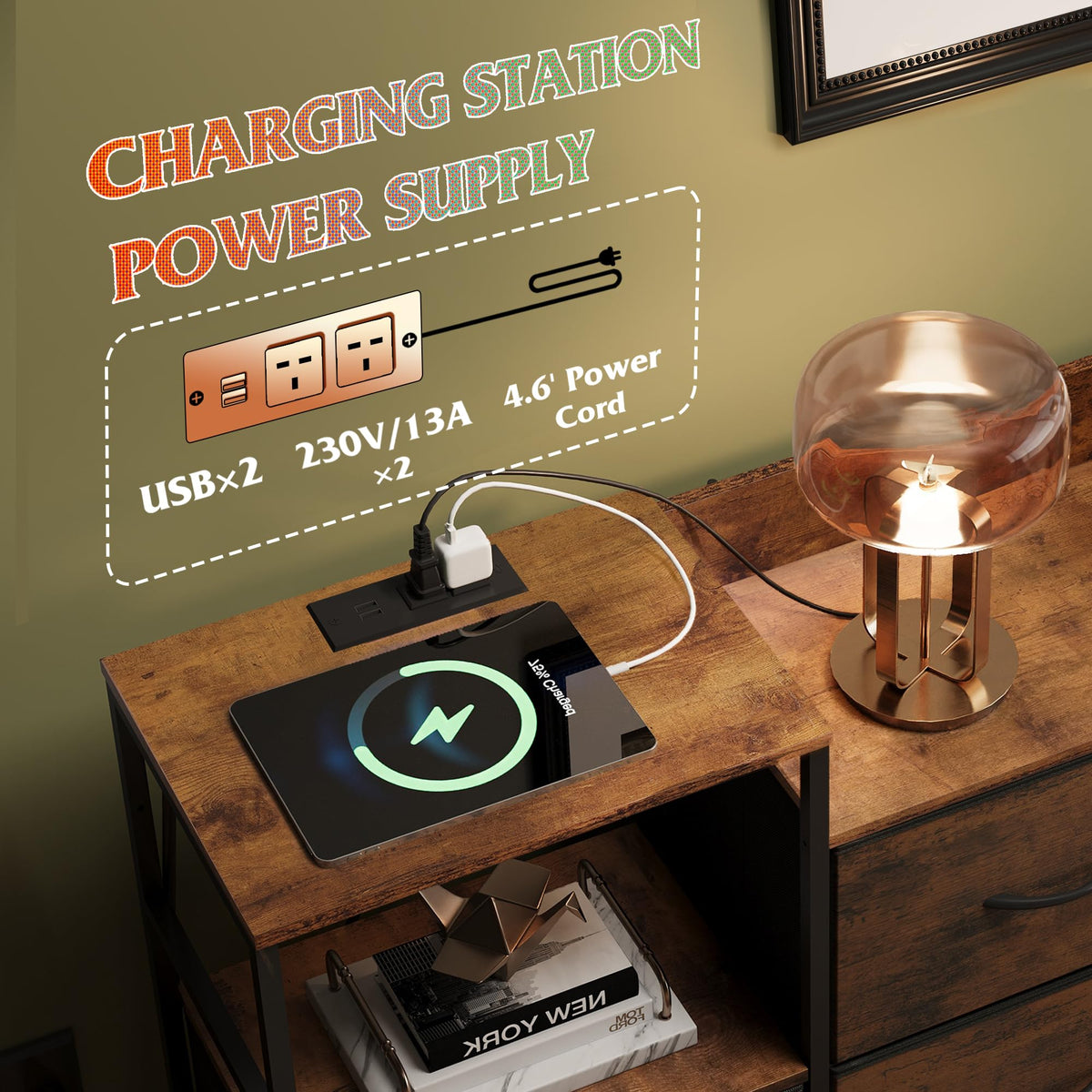 WLIVE Chest of Drawers with Charging Station, 8 Fabric Drawers, Brown