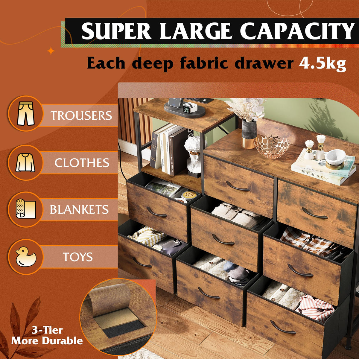 WLIVE Chest of Drawers with Charging Station, 8 Fabric Drawers, Brown