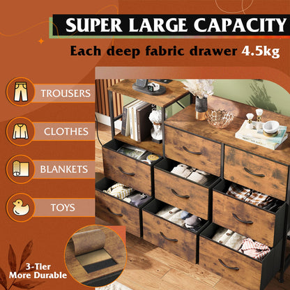 WLIVE Chest of Drawers with Charging Station, 8 Fabric Drawers, Brown
