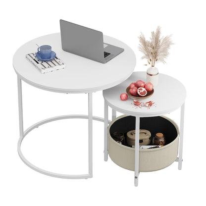 WLIVE Round Coffee Table, White, Living Room Table for Couch with Storage Space, Side Table with Metal Frame, Coffee Table for Living Room, Bedroom, Office, White