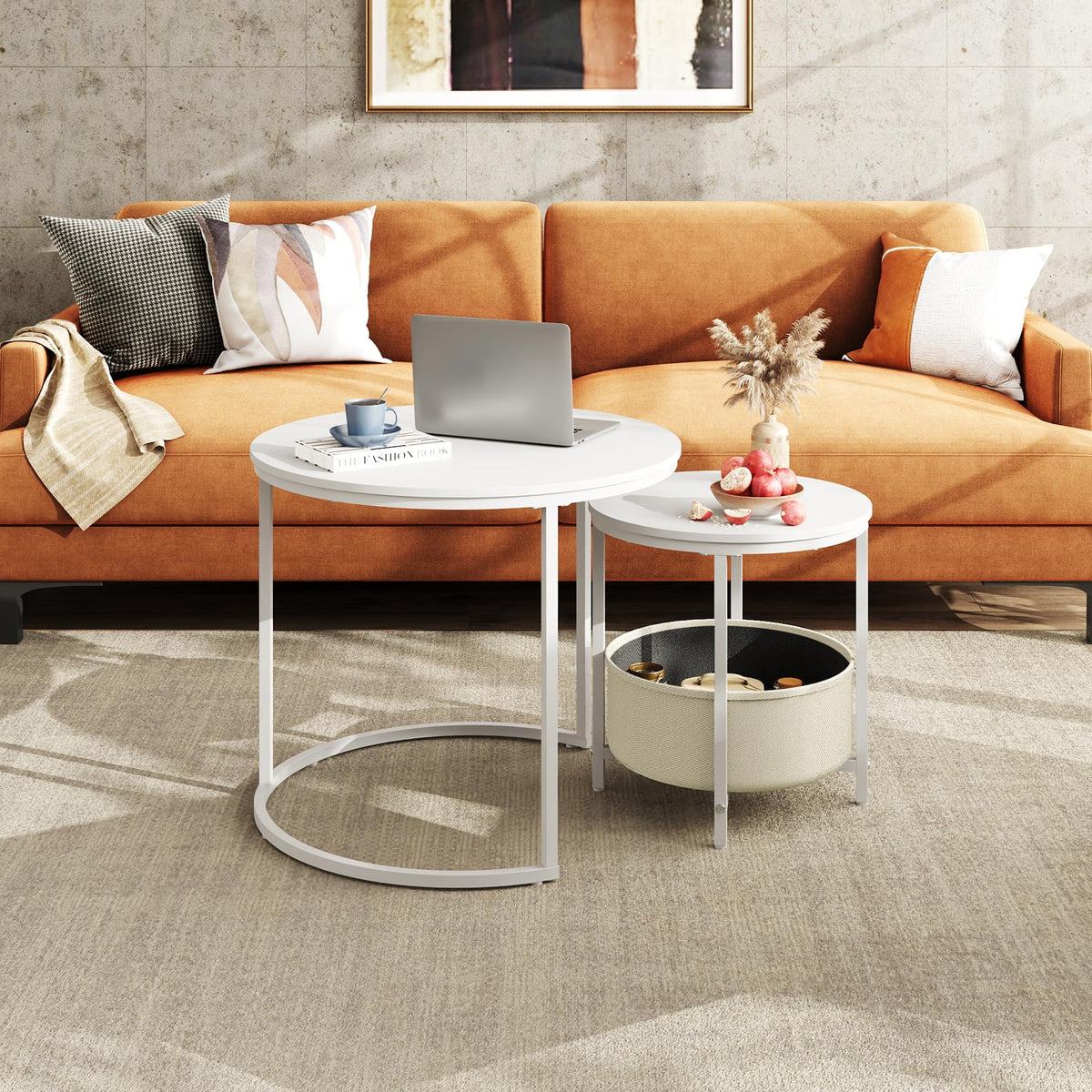 WLIVE Round Coffee Table, White, Living Room Table for Couch with Storage Space, Side Table with Metal Frame, Coffee Table for Living Room, Bedroom, Office, White