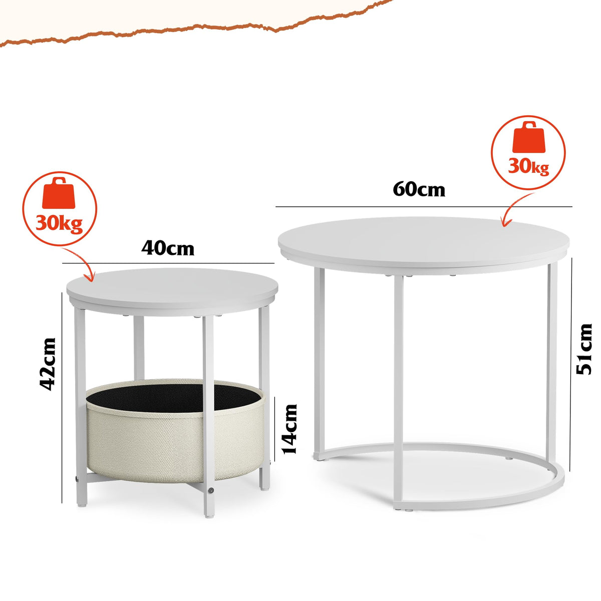 WLIVE Round Coffee Table, White, Living Room Table for Couch with Storage Space, Side Table with Metal Frame, Coffee Table for Living Room, Bedroom, Office, White
