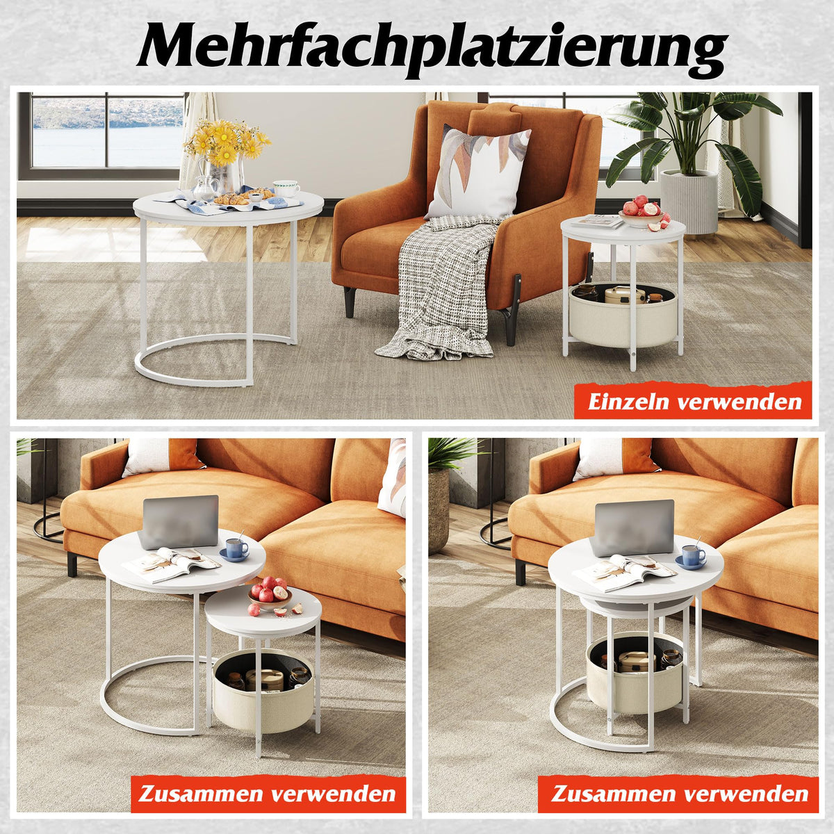 WLIVE Round Coffee Table, White, Living Room Table for Couch with Storage Space, Side Table with Metal Frame, Coffee Table for Living Room, Bedroom, Office, White