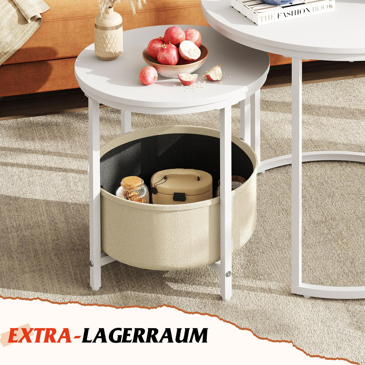 WLIVE Round Coffee Table, White, Living Room Table for Couch with Storage Space, Side Table with Metal Frame, Coffee Table for Living Room, Bedroom, Office, White