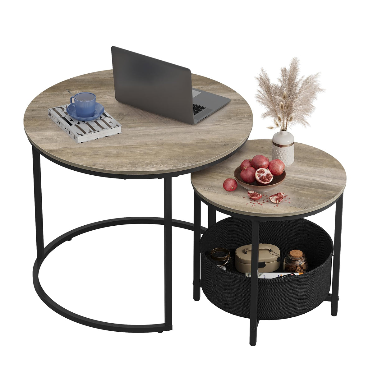 WLIVE Round Coffee Table, White, Living Room Table for Couch with Storage Space, Side Table with Metal Frame, Coffee Table for Living Room, Bedroom, Office, White