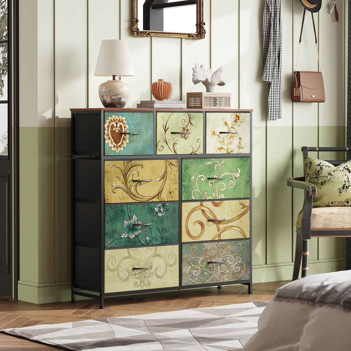 WLIVE Tall Dresser for Bedroom, 9 Drawer Chest of Drawers, Floral
