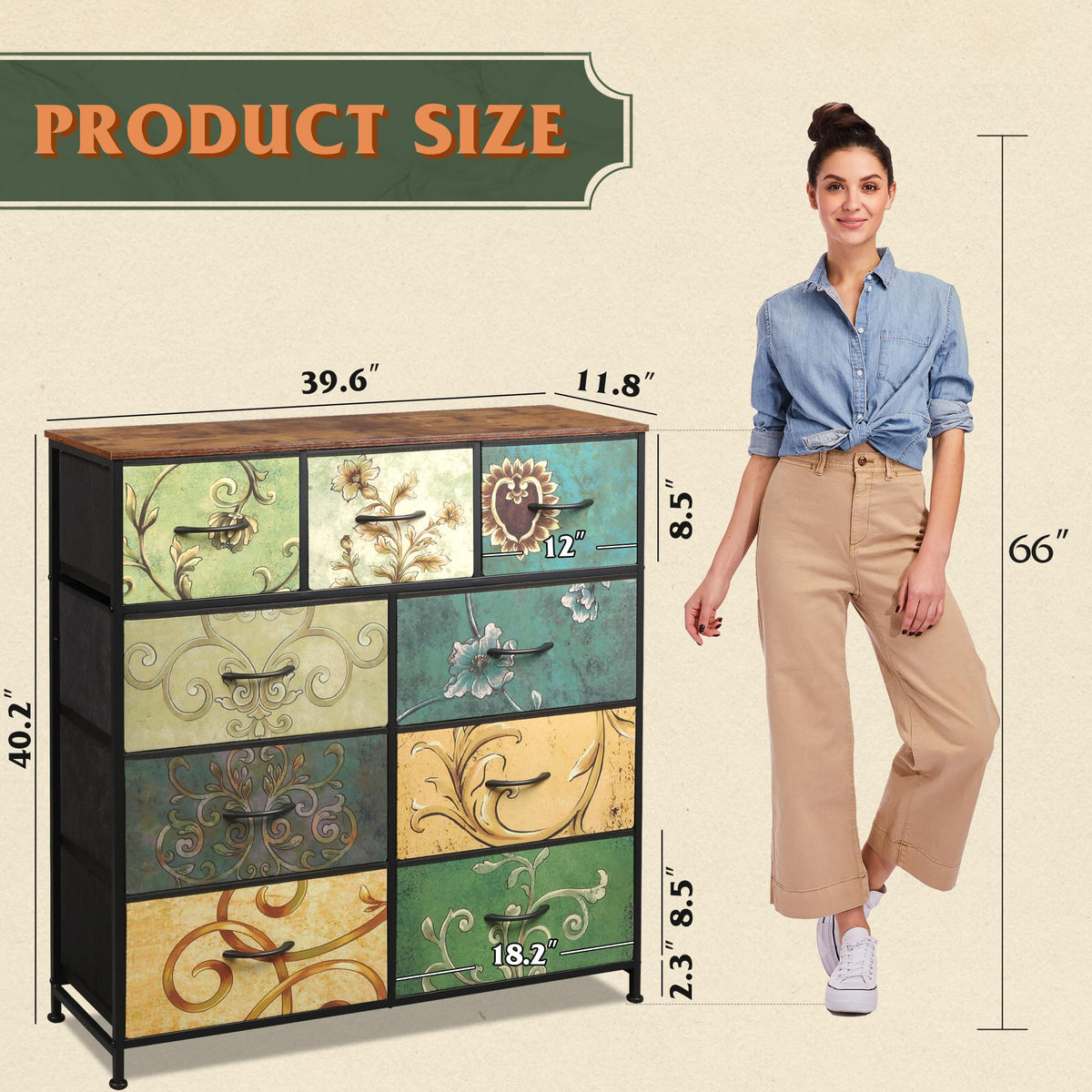 WLIVE Tall Dresser for Bedroom, 9 Drawer Chest of Drawers, Floral