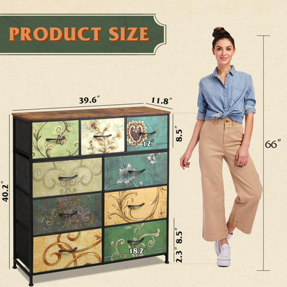 WLIVE Tall Dresser for Bedroom, 9 Drawer Chest of Drawers, Floral