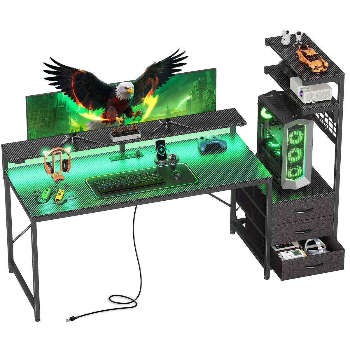 PRAISUN 61.7" Gaming Desk with LED Lights & Outlets, Computer Desk with 3 Fabric Drawers, PC Desk with PC Case Stand & Movable Storage Shelves, Monitor Stand, Reversible, Carbon Fiber Black