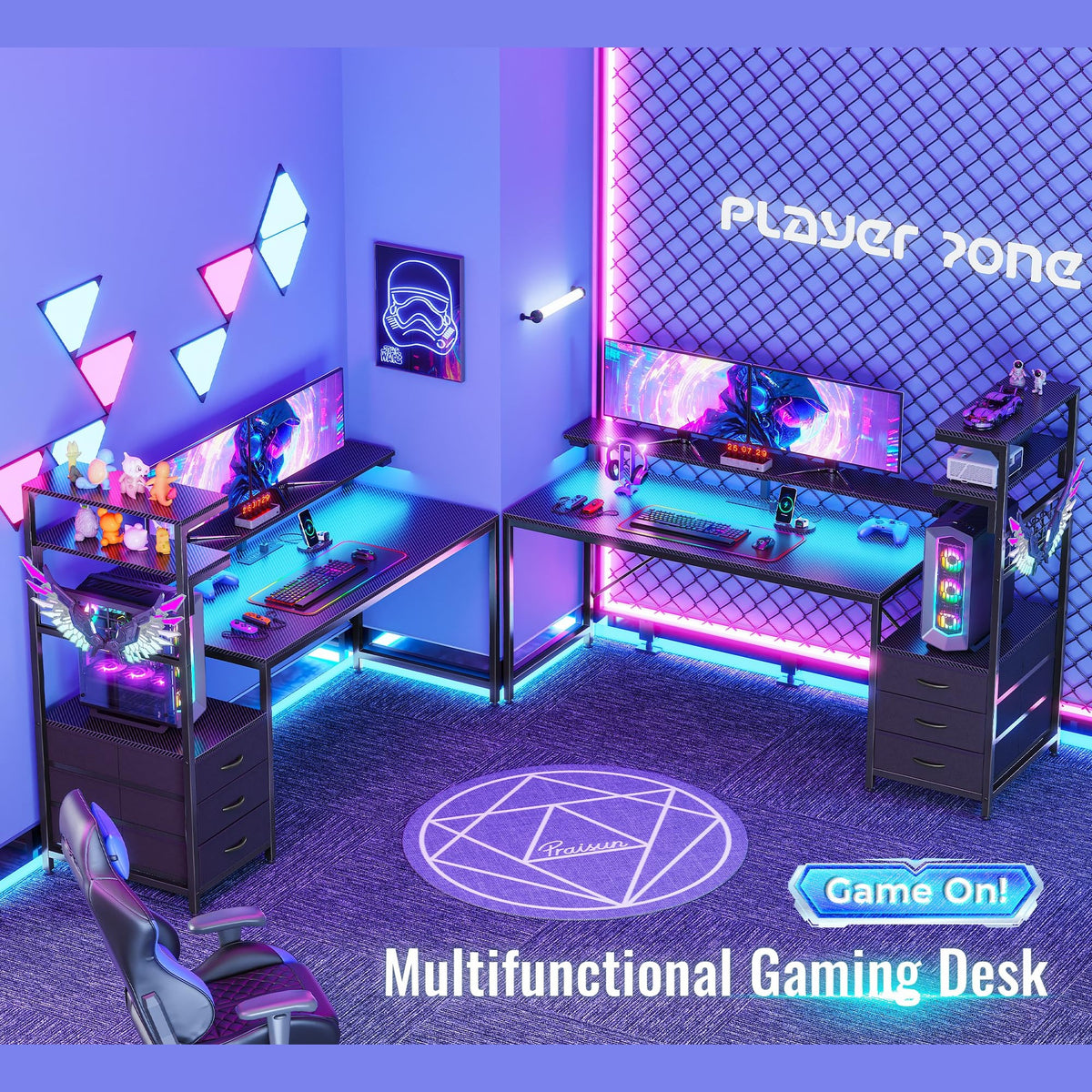 PRAISUN 61.7" Gaming Desk with LED Lights & Outlets, Computer Desk with 3 Fabric Drawers, PC Desk with PC Case Stand & Movable Storage Shelves, Monitor Stand, Reversible, Carbon Fiber Black