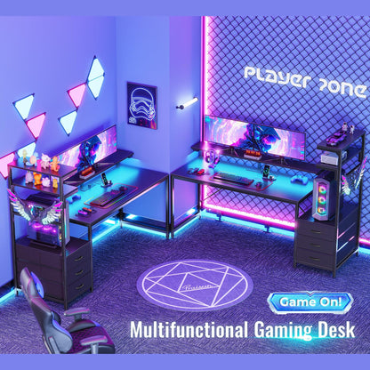 PRAISUN 61.7" Gaming Desk with LED Lights & Outlets, Computer Desk with 3 Fabric Drawers, PC Desk with PC Case Stand & Movable Storage Shelves, Monitor Stand, Reversible, Carbon Fiber Black