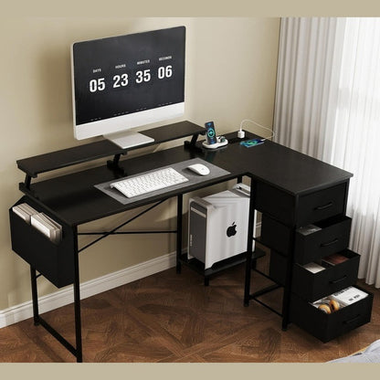 Lerna Black L-Shape LED Gaming Desk with Storage