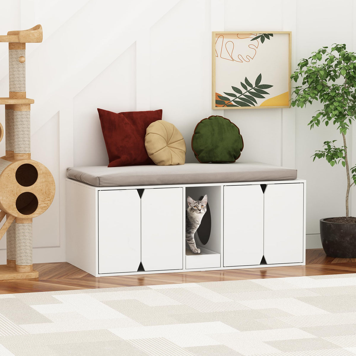Cat Cabinet, Cat Litter Tray, Cat Litter Tray Cabinet, Cat House with Door and Waste Container, Cat House for Large Cats, Bench, White, MDF, 43 x 52 x 110 cm