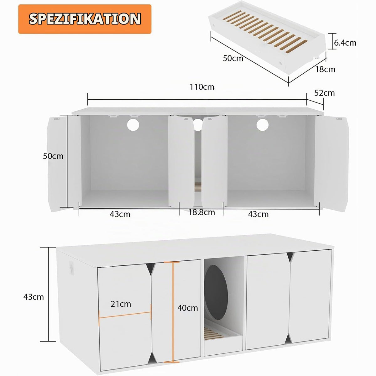 Cat Cabinet, Cat Litter Tray, Cat Litter Tray Cabinet, Cat House with Door and Waste Container, Cat House for Large Cats, Bench, White, MDF, 43 x 52 x 110 cm