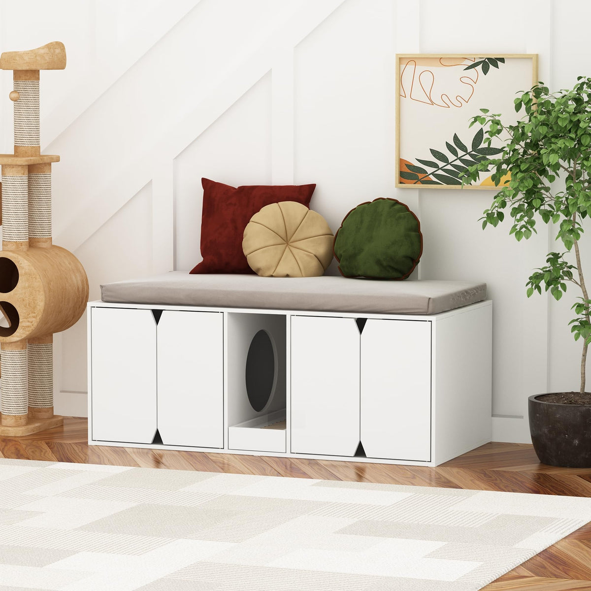 Cat Cabinet, Cat Litter Tray, Cat Litter Tray Cabinet, Cat House with Door and Waste Container, Cat House for Large Cats, Bench, White, MDF, 43 x 52 x 110 cm