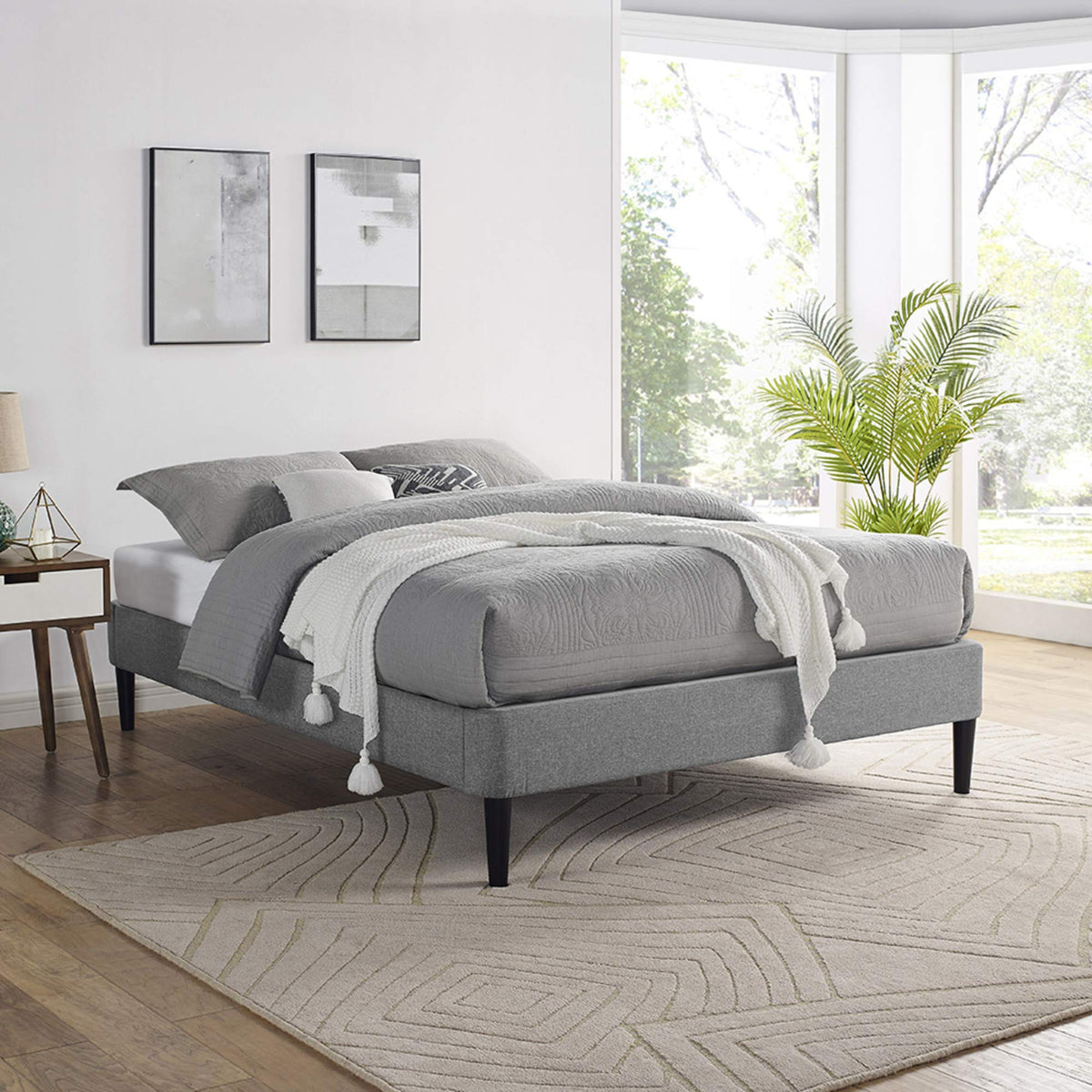 Classic Brands Palmetto Upholstered Platform Bed Frame / Mattress Foundation / Wood Slat Support / No Box Spring Needed, Light Grey, Full