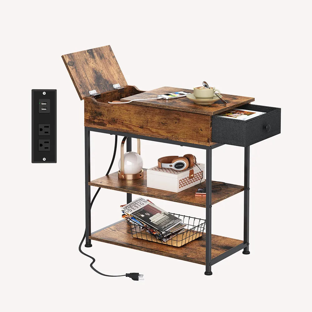 WLIVE Small Wood Storage Side Table with Charging Station