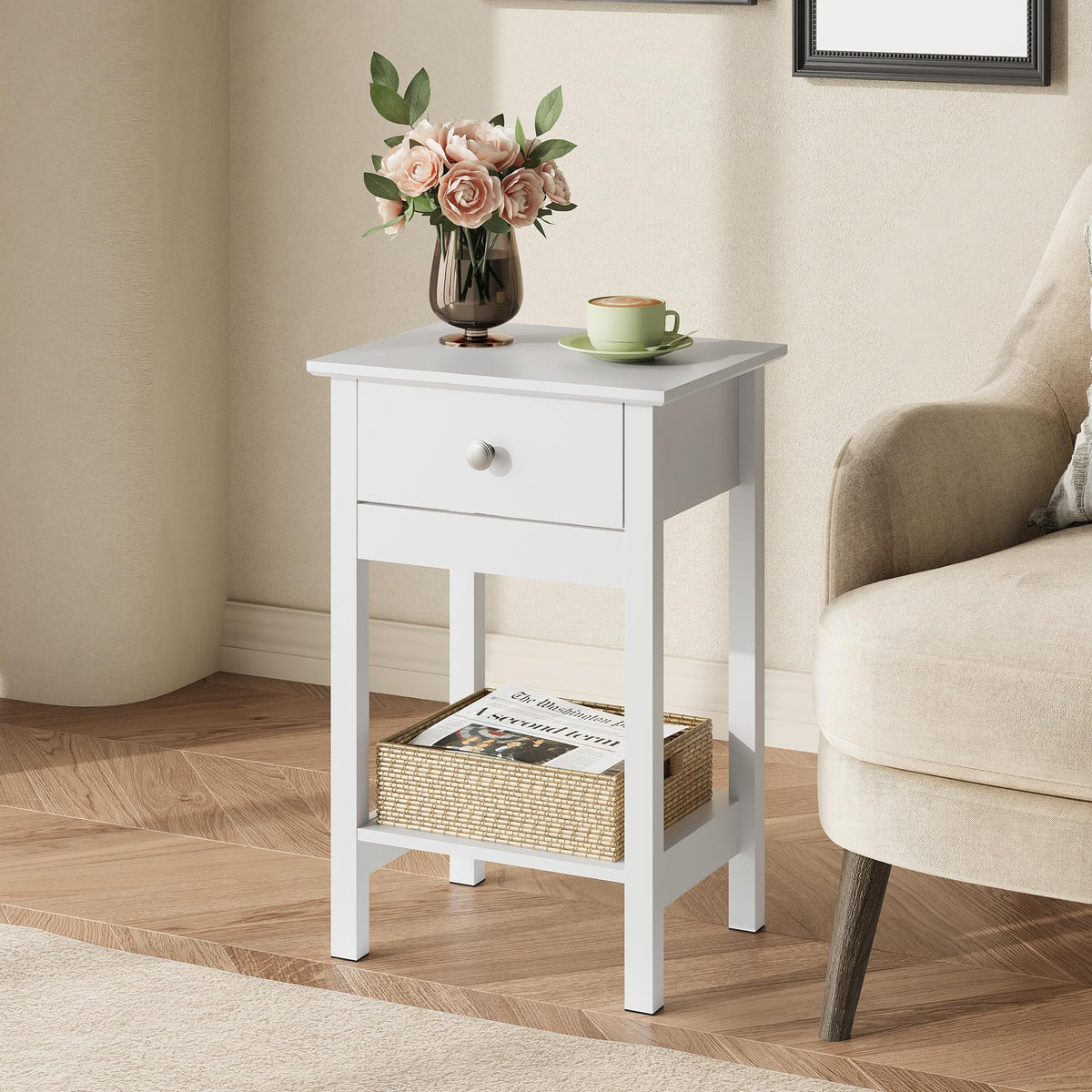 WLIVE Bedside Tables set of 2, Bedside Cabinet with Drawer & Shelf, White