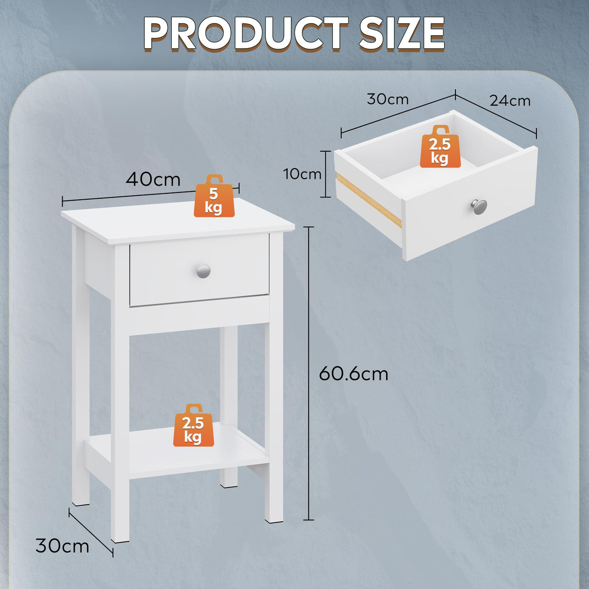 WLIVE Bedside Tables set of 2, Bedside Cabinet with Drawer & Shelf, White