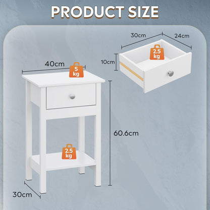 WLIVE Bedside Tables set of 2, Bedside Cabinet with Drawer & Shelf, White