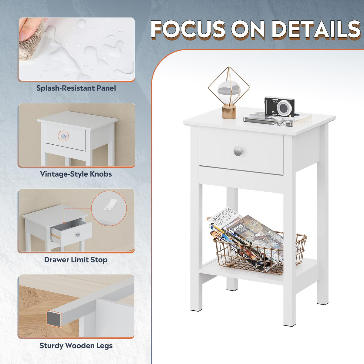WLIVE Bedside Tables set of 2, Bedside Cabinet with Drawer & Shelf, White