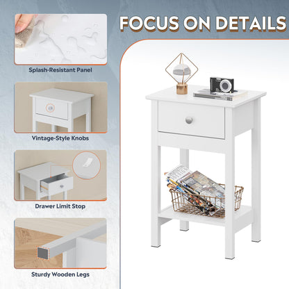 WLIVE Bedside Tables set of 2, Bedside Cabinet with Drawer & Shelf, White