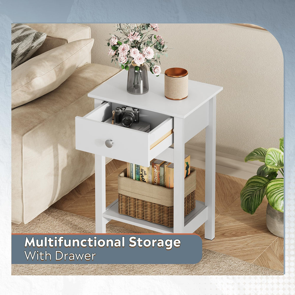 WLIVE Bedside Tables set of 2, Bedside Cabinet with Drawer & Shelf, White