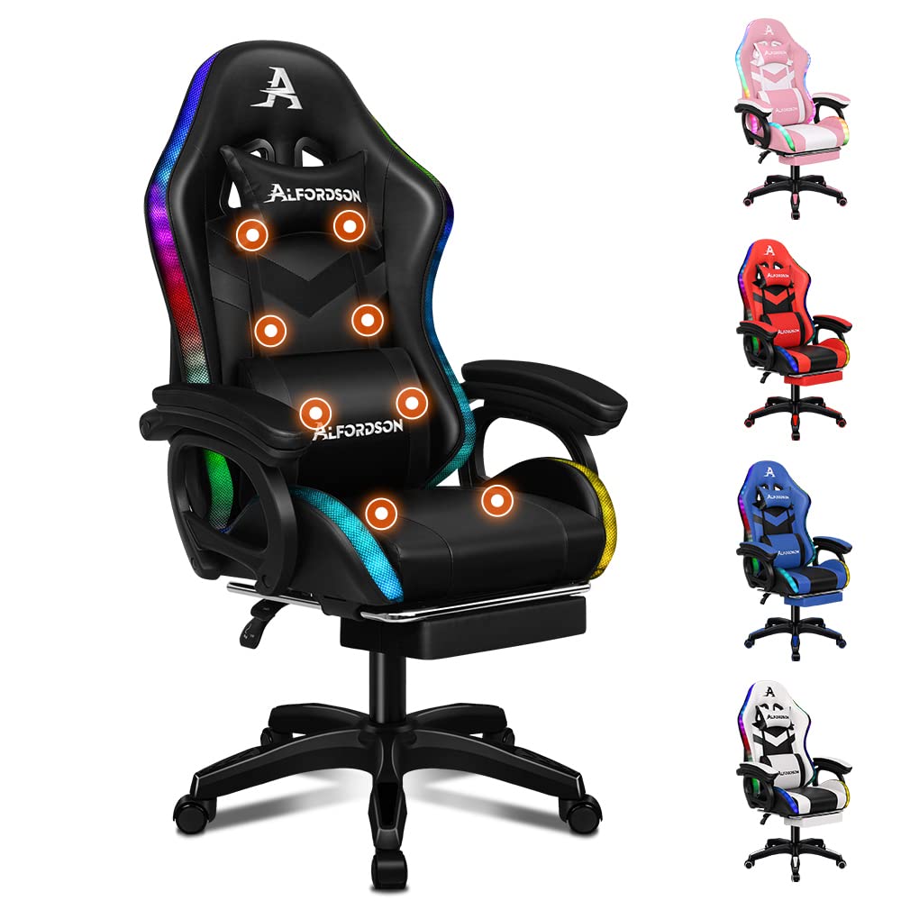 ALFORDSON Gaming Office Chair with 12 RGB LED Lights & 8 Point Massage, Racing Computer Chair with Lumbar Support & Retractable Footrest, Ergonomic Desk Chair with PU Leather Seat Office Gamer (Black)