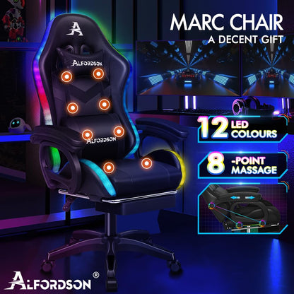 ALFORDSON Gaming Office Chair with 12 RGB LED Lights & 8 Point Massage, Racing Computer Chair with Lumbar Support & Retractable Footrest, Ergonomic Desk Chair with PU Leather Seat Office Gamer (Black)