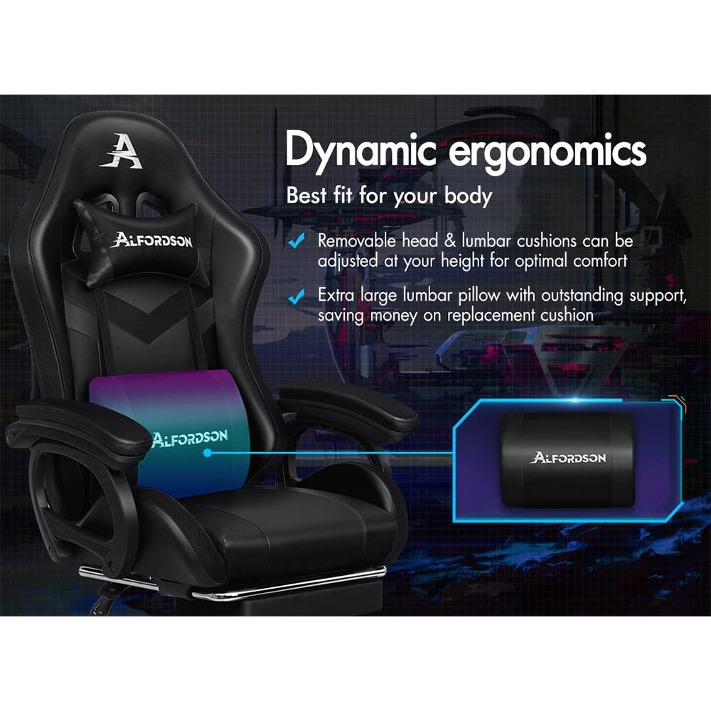 ALFORDSON Gaming Office Chair with 12 RGB LED Lights & 8 Point Massage, Racing Computer Chair with Lumbar Support & Retractable Footrest, Ergonomic Desk Chair with PU Leather Seat Office Gamer (Black)