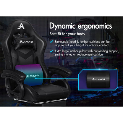 ALFORDSON Gaming Office Chair with 12 RGB LED Lights & 8 Point Massage, Racing Computer Chair with Lumbar Support & Retractable Footrest, Ergonomic Desk Chair with PU Leather Seat Office Gamer (Black)