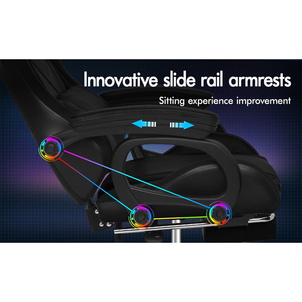 ALFORDSON Gaming Office Chair with 12 RGB LED Lights & 8 Point Massage, Racing Computer Chair with Lumbar Support & Retractable Footrest, Ergonomic Desk Chair with PU Leather Seat Office Gamer (Black)
