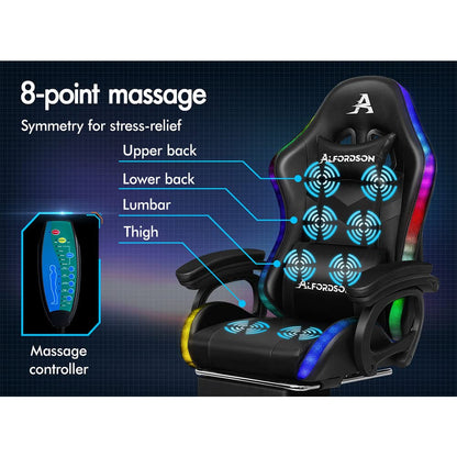 ALFORDSON Gaming Office Chair with 12 RGB LED Lights & 8 Point Massage, Racing Computer Chair with Lumbar Support & Retractable Footrest, Ergonomic Desk Chair with PU Leather Seat Office Gamer (Black)