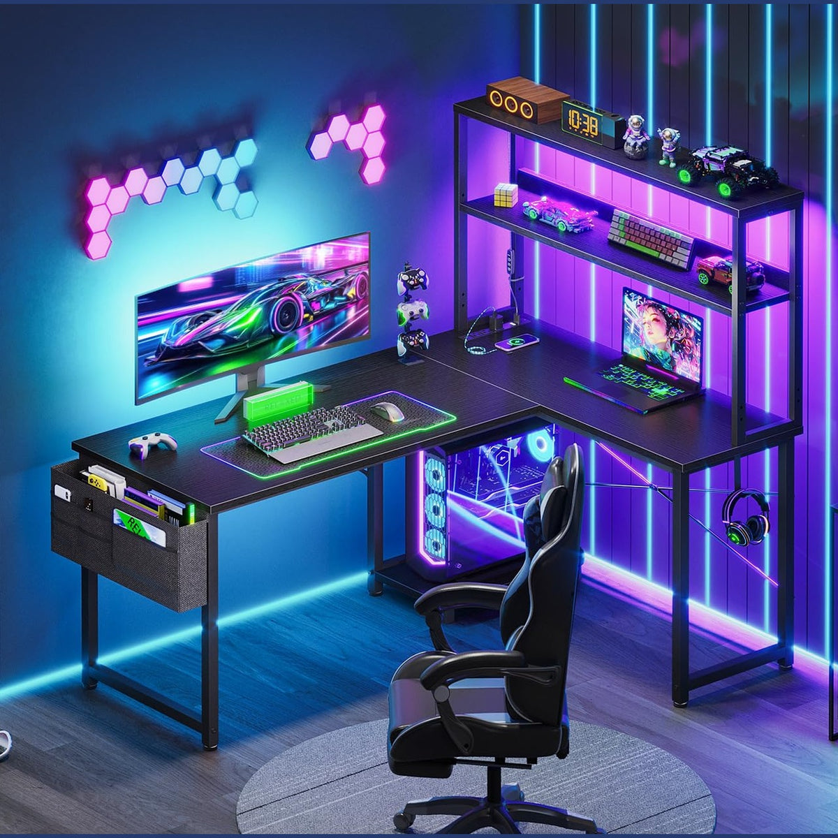 AODK L Shaped Desk Gaming Desk with LED Light & Power Outlet, 43 Inch Reversible L Shaped Computer Table with Shelf, Corner Desk with Storage Bag&Hook for Home Office Desk, Black