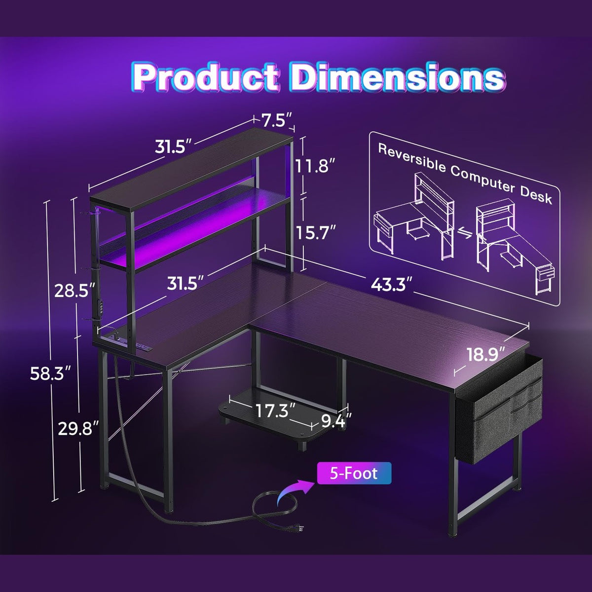 AODK L Shaped Desk Gaming Desk with LED Light & Power Outlet, 43 Inch Reversible L Shaped Computer Table with Shelf, Corner Desk with Storage Bag&Hook for Home Office Desk, Black