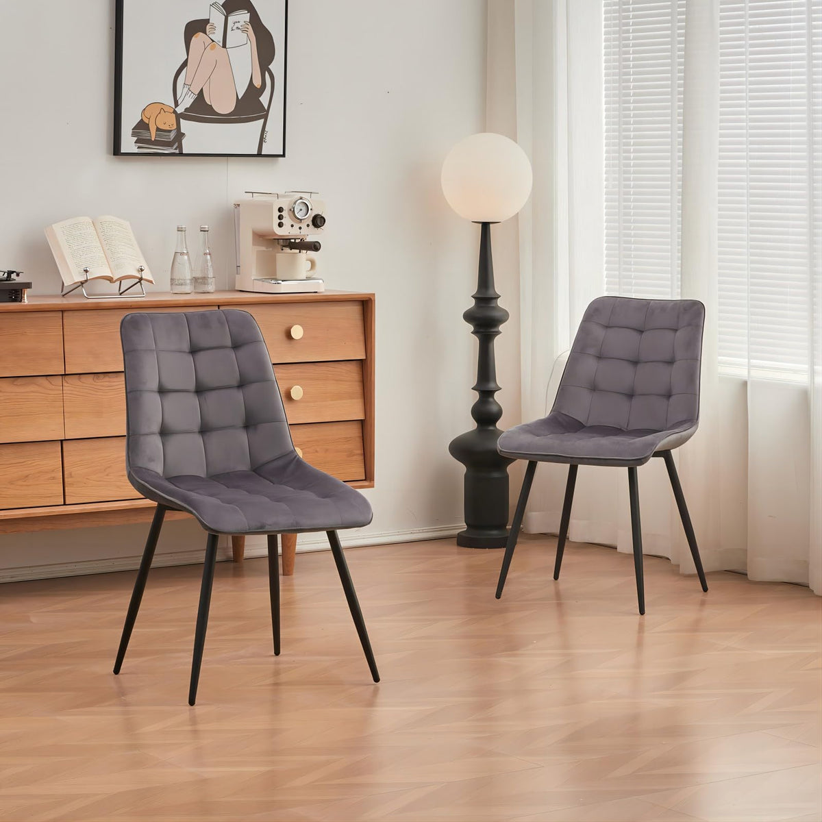GrandCA HOME Set of 2 Plastic Dining Chairs with Wooden Legs Velvet Upholstered Terry Iron Light Grey
