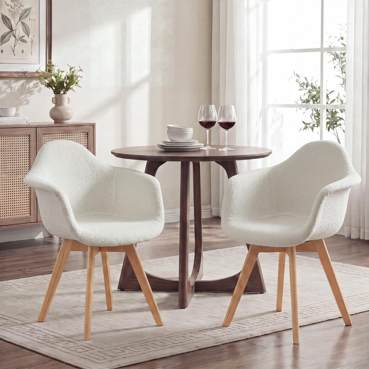 Set of 2 Patchwork Fabric Dining Chairs with Arms Modern Design Armchair Scandinavian Beech Wood Kitchen Chair (Beige Grained Velvet)
