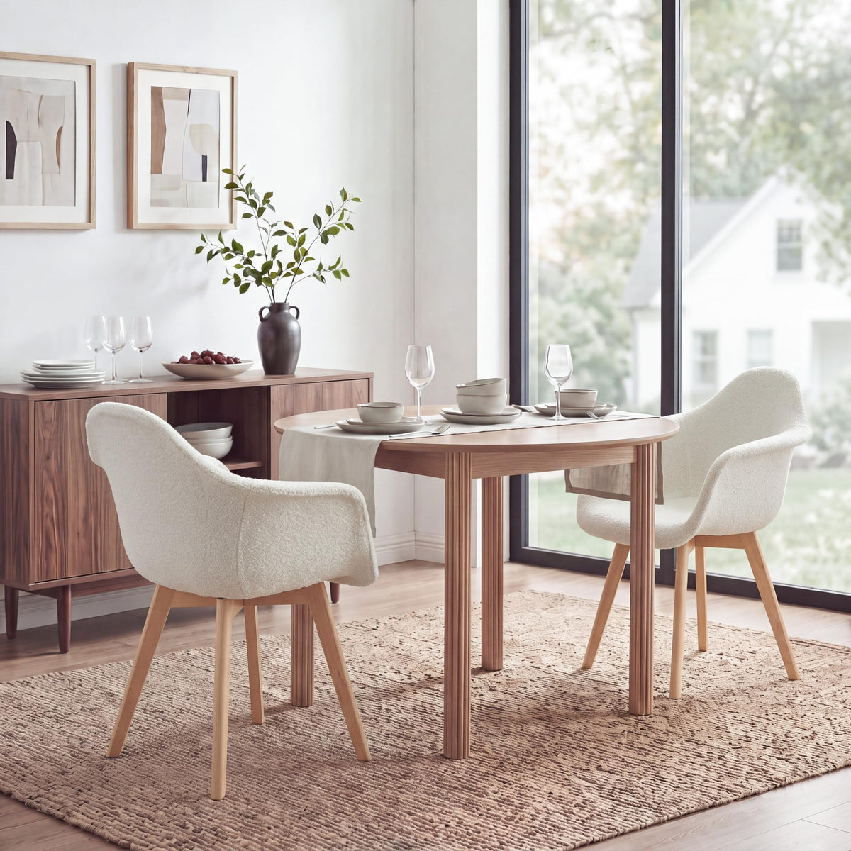 Set of 2 Patchwork Fabric Dining Chairs with Arms Modern Design Armchair Scandinavian Beech Wood Kitchen Chair (Beige Grained Velvet)