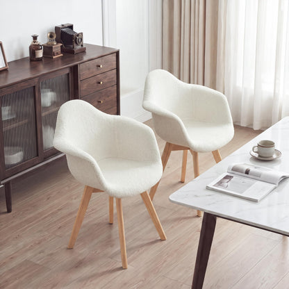 Set of 2 Patchwork Fabric Dining Chairs with Arms Modern Design Armchair Scandinavian Beech Wood Kitchen Chair (Beige Grained Velvet)
