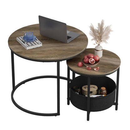 WLIVE Coffee Table Set of 2, Round Nest of Tables with Storage, Stacking End Side Tables for Living Room, Bedroom, Office, Balcony, Apartment, Grey Brown