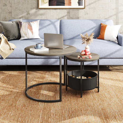 WLIVE Coffee Table Set of 2, Round Nest of Tables with Storage, Stacking End Side Tables for Living Room, Bedroom, Office, Balcony, Apartment, Grey Brown