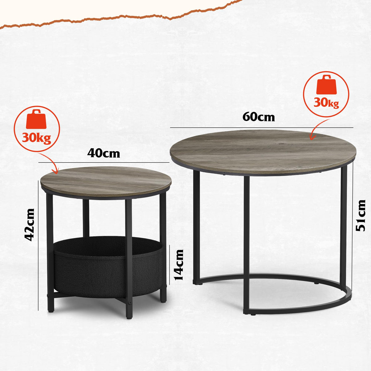 WLIVE Coffee Table Set of 2, Round Nest of Tables with Storage, Stacking End Side Tables for Living Room, Bedroom, Office, Balcony, Apartment, Grey Brown