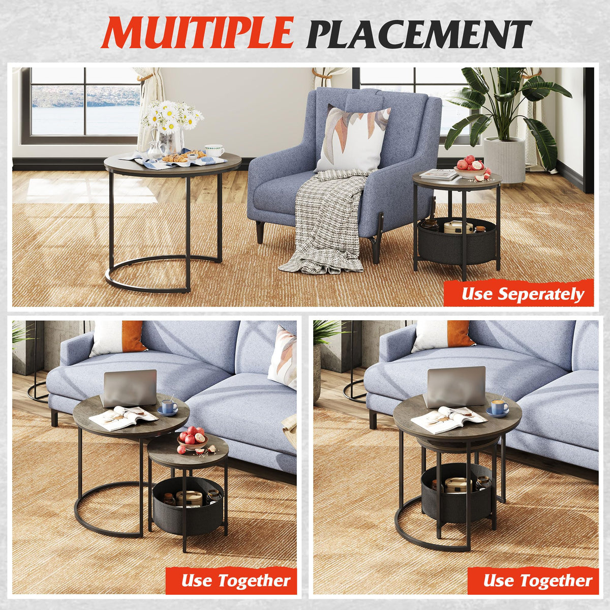 WLIVE Coffee Table Set of 2, Round Nest of Tables with Storage, Stacking End Side Tables for Living Room, Bedroom, Office, Balcony, Apartment, Grey Brown
