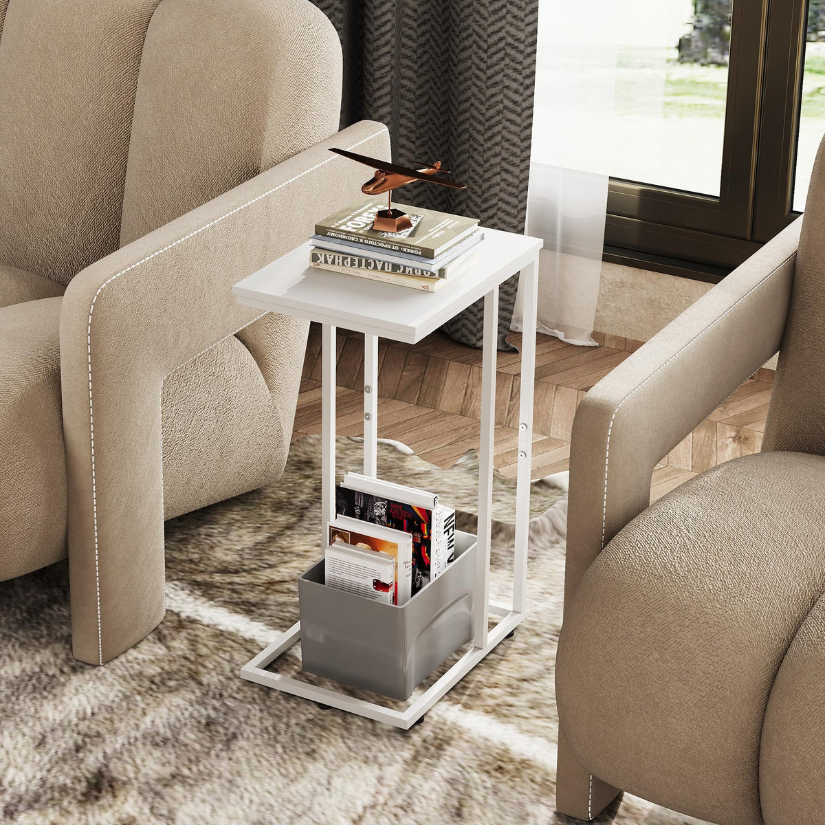 WLIVE Narrow Side Table for Bedroom, Living Room, 2 Tier Small Coffee Table, End Table with Storage (White)
