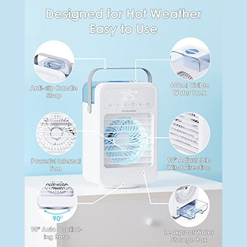 Fivangin - Mini Portable Air Cooler with 5 Wind Speeds, 7 LED Lights, 8H Timer
