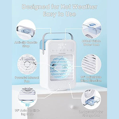 Fivangin - Mini Portable Air Cooler with 5 Wind Speeds, 7 LED Lights, 8H Timer