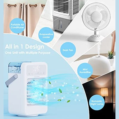 Fivangin - Mini Portable Air Cooler with 5 Wind Speeds, 7 LED Lights, 8H Timer