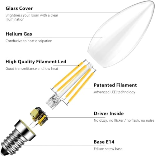 Generic - 4W E14 LED Filament Candle Bulb, 2700K Warm White, 6 Pack